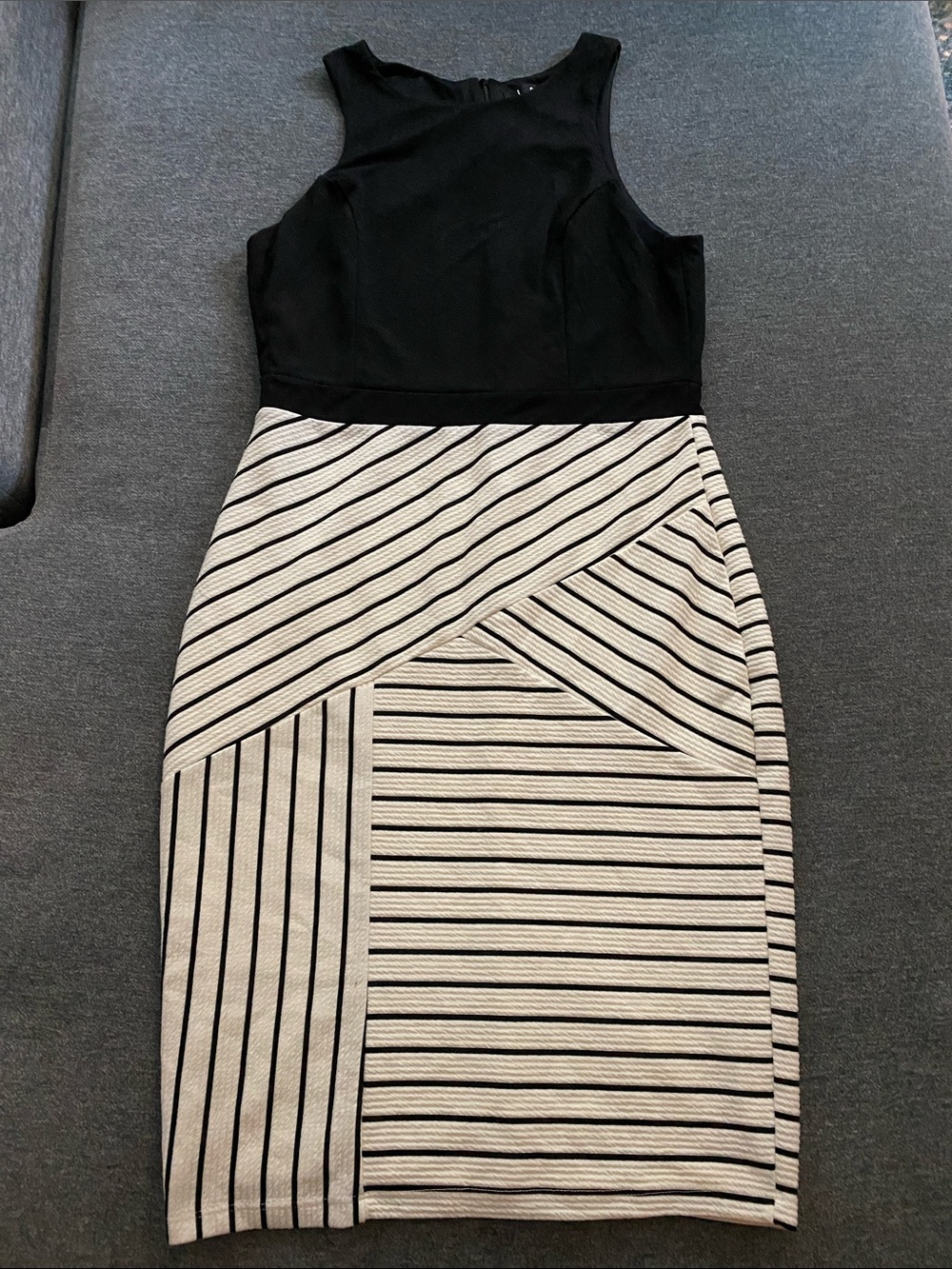 Lulus Black Sleeveless Midi Sheath Dress with White Striped Skirt